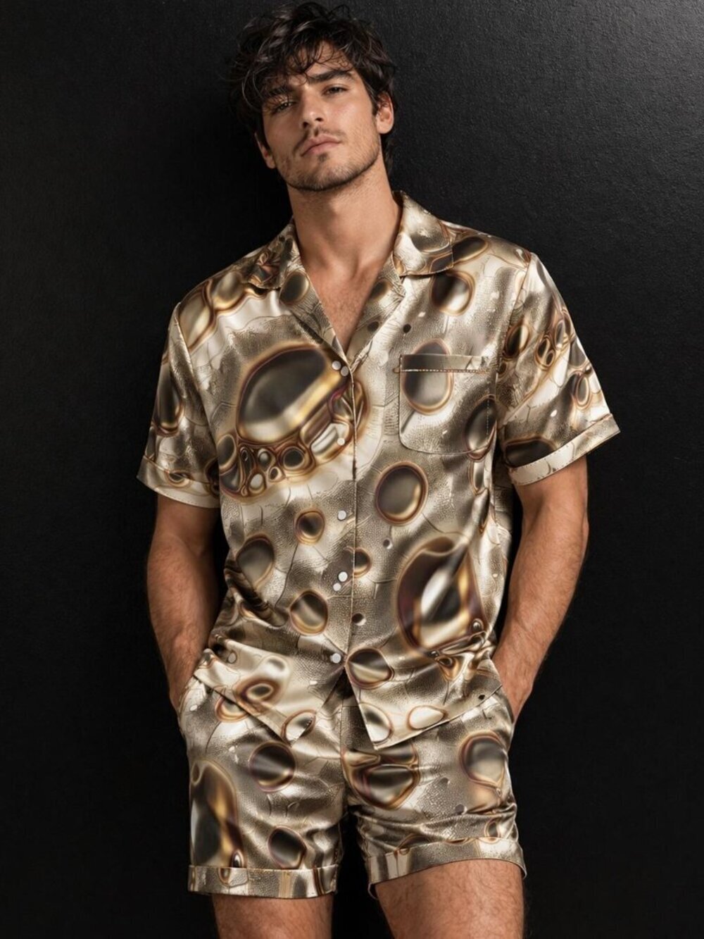 Gold Nugget Satin Pajamas PJS nisex  NWT Handmade Short Set Lounge Glossy Medium